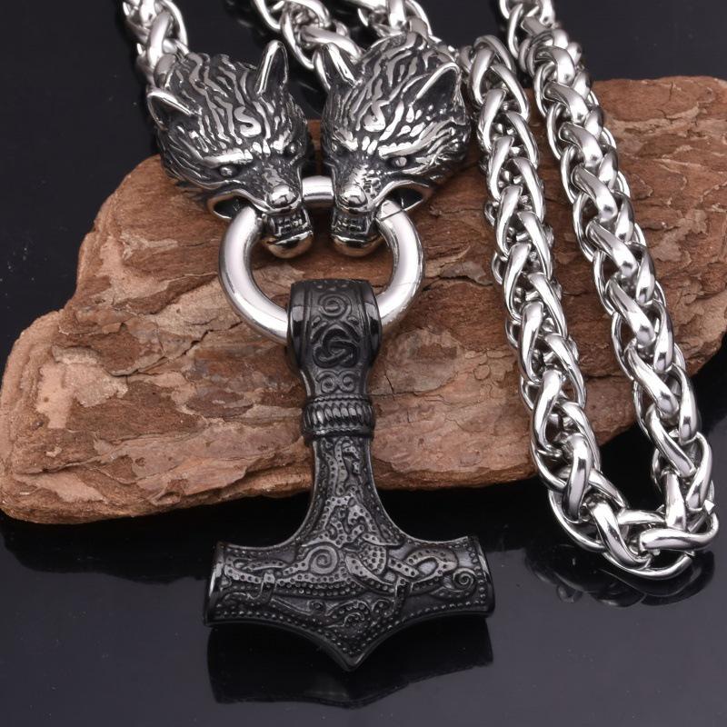Retro Nordic Rune Hammer & Wolf Head Men's Punk Necklace