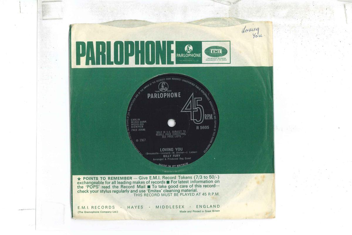 

7inch Record BILLY FURY - Loving You / I ll Go Along With It R5605 PARLOPHONE 12 1967 UK Rock Used