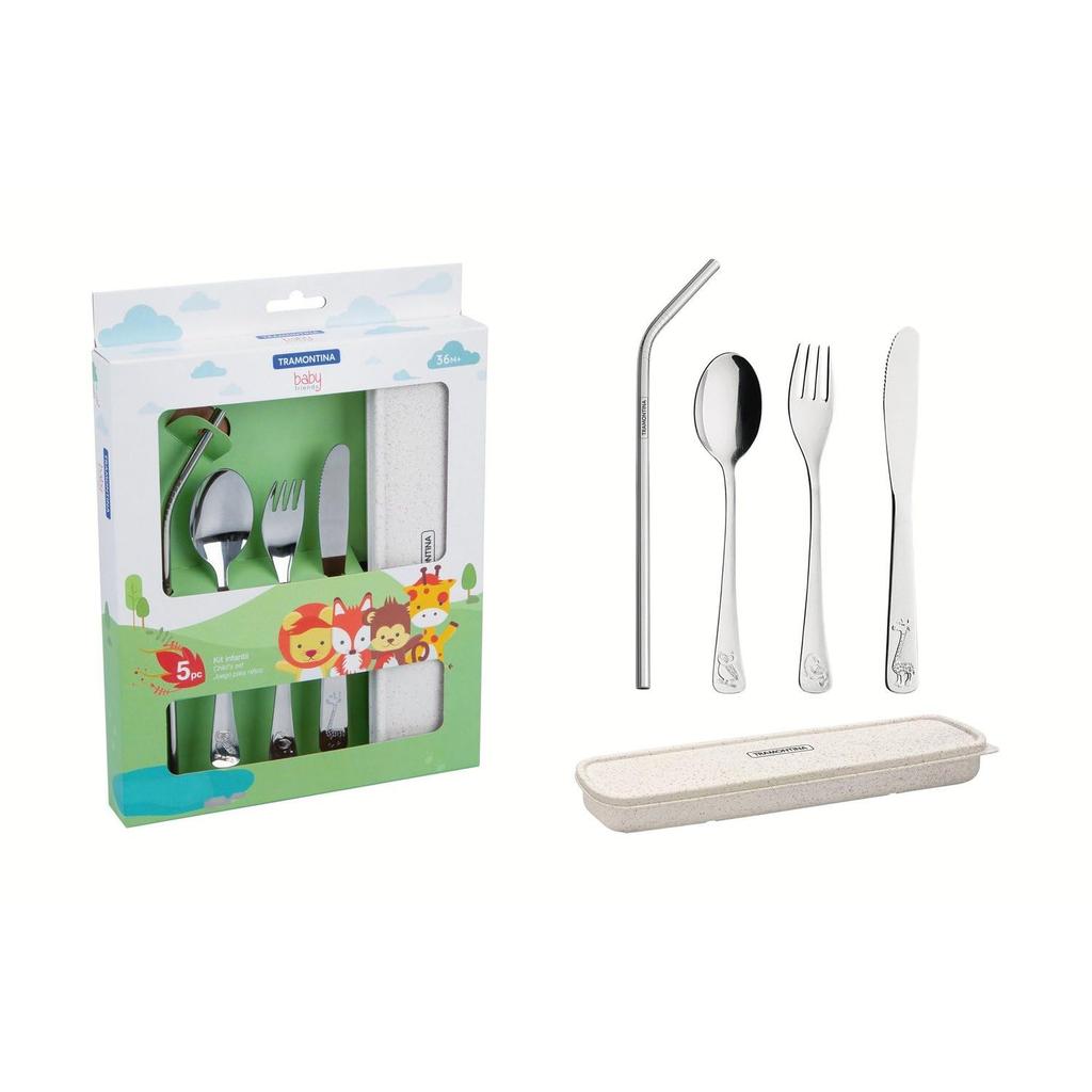 Tramontina Stainless Steel Tableware Straw Set with Dishwasher TRAMONTINA Children's & (4-Piece) "Baby Friends" Case, Knife, Fork, Spoon, Safe,