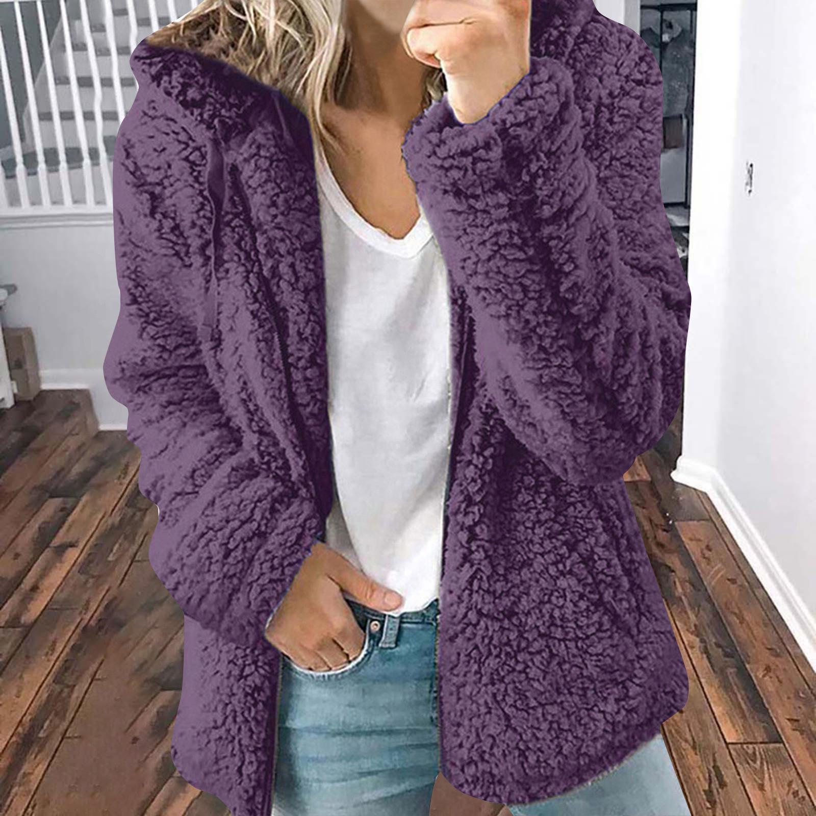 

Женское тонкое пальто на зиму и осень, повседневное однотонное пальто с капюшоном и поясом, карман на шнурке, с капюшоном из искусственного плюша, на молнии, с длинными рукавами, женское пальто L фиолетовый