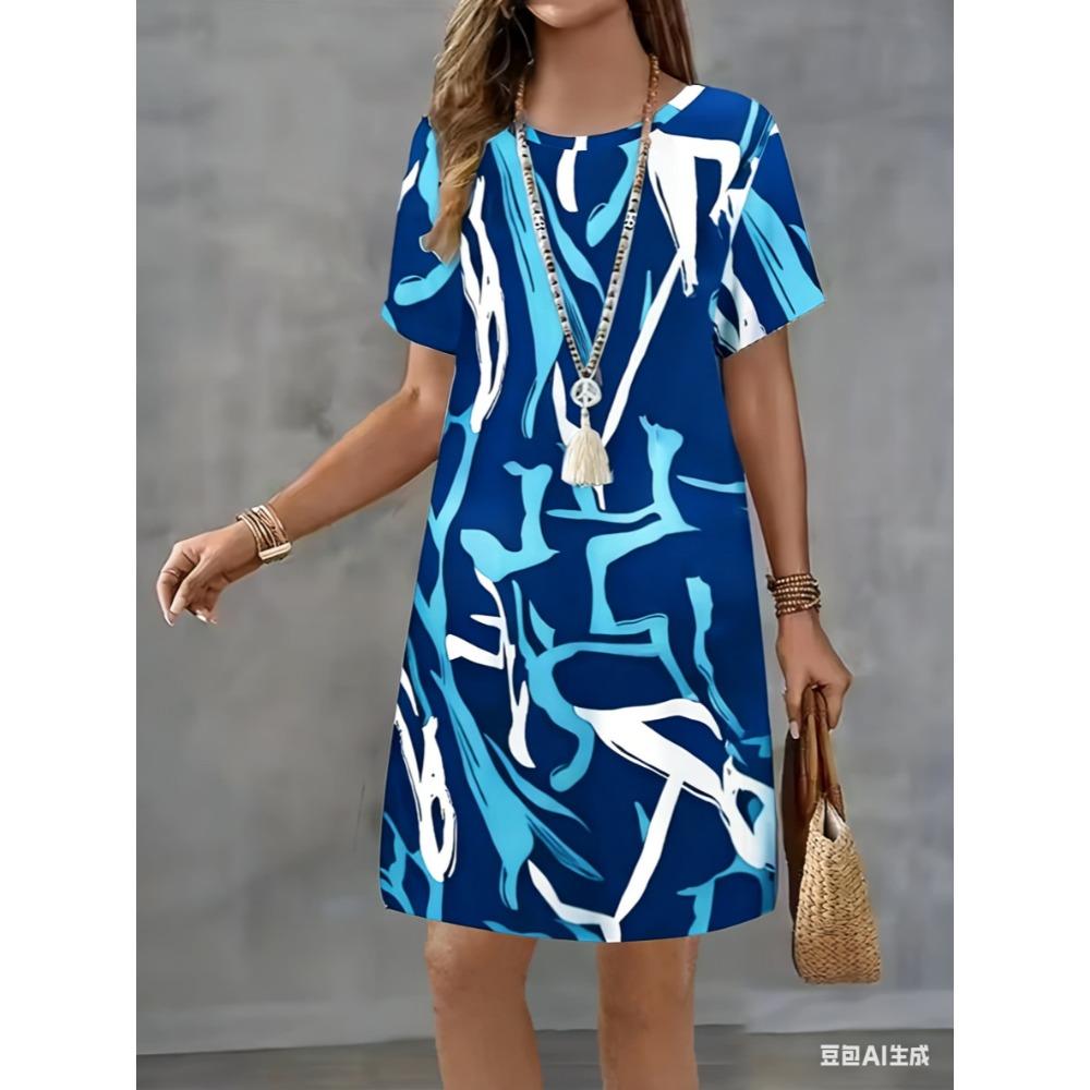 Artistic stripe print dress - Summer women's casual short-sleeved mini skirt