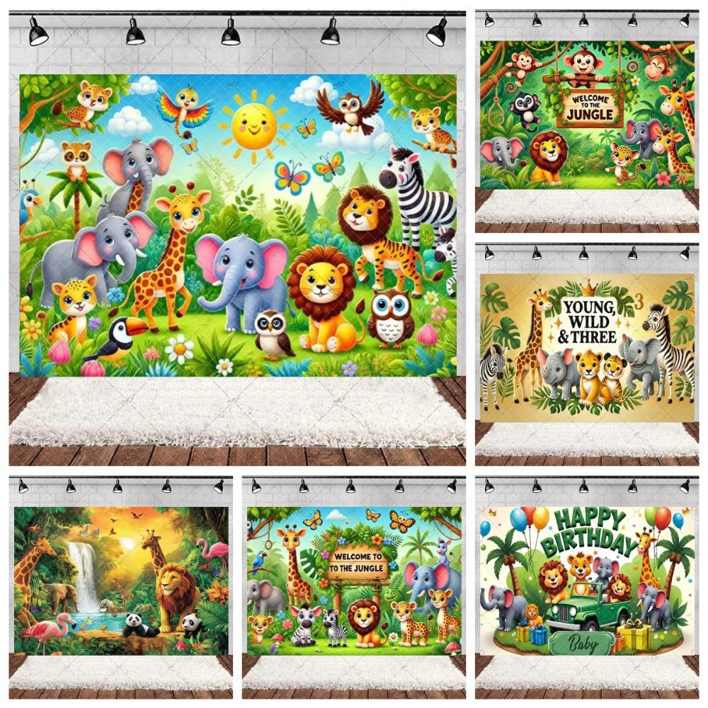 Jungle Wildlife Lion Giraffe Theme Banner Background, Children's Birthday Party, Home Decoration Photography Studio Background