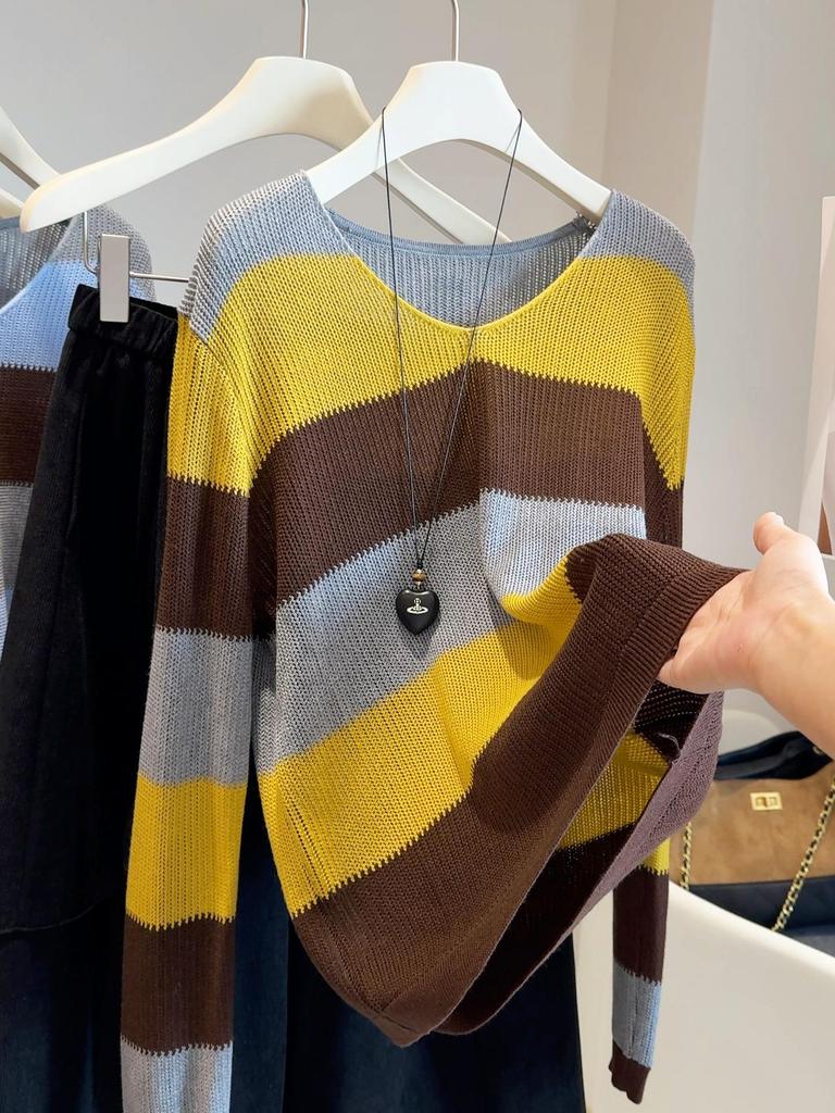 Women's V-Neck Color Block Striped Knit Pullover Sweater - 2025 Autumn Fashion