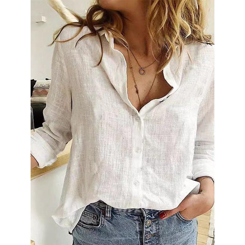 Solid-Color Lapel Short-Sleeve Loose Top Lapel Short Sleeve Loose Shirt for Women