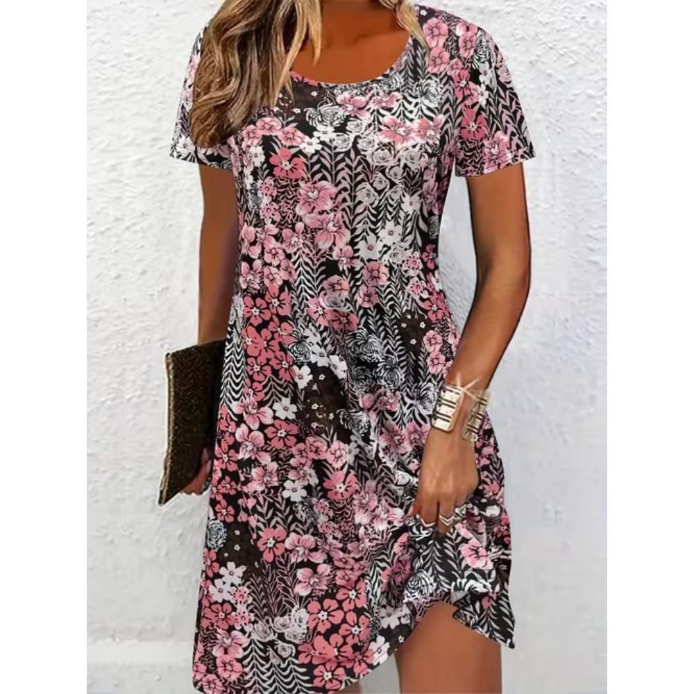 Moda Donna Grazioso Bellissimo Stampa Fiori e Erba Estate Primavera Manica Corta Girocollo Abiti Casual