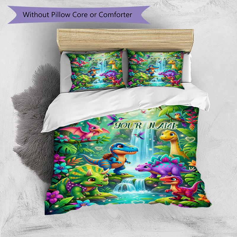 3PC Custom Name Dinosaur Fantasy World Bedding Set Duvet Cover Closure Includes 1 Duvet Cover & 2 Pillowcases for Bedroom
