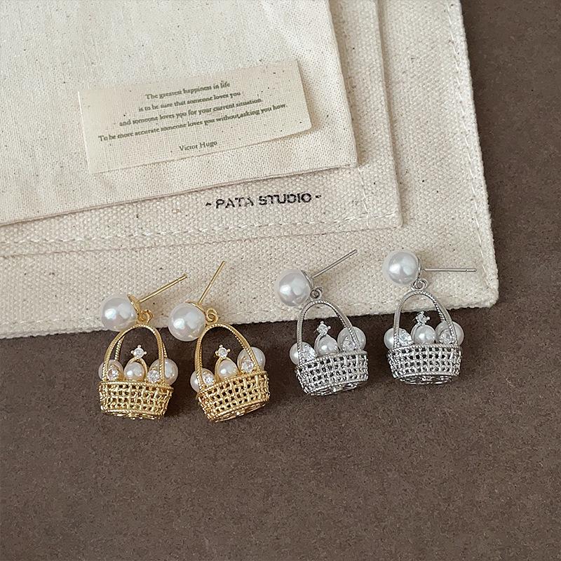 Pearl Zircon 3D Flower Basket Stud Earrings – Luxurious, Unique, Exquisite Fashion for Women
