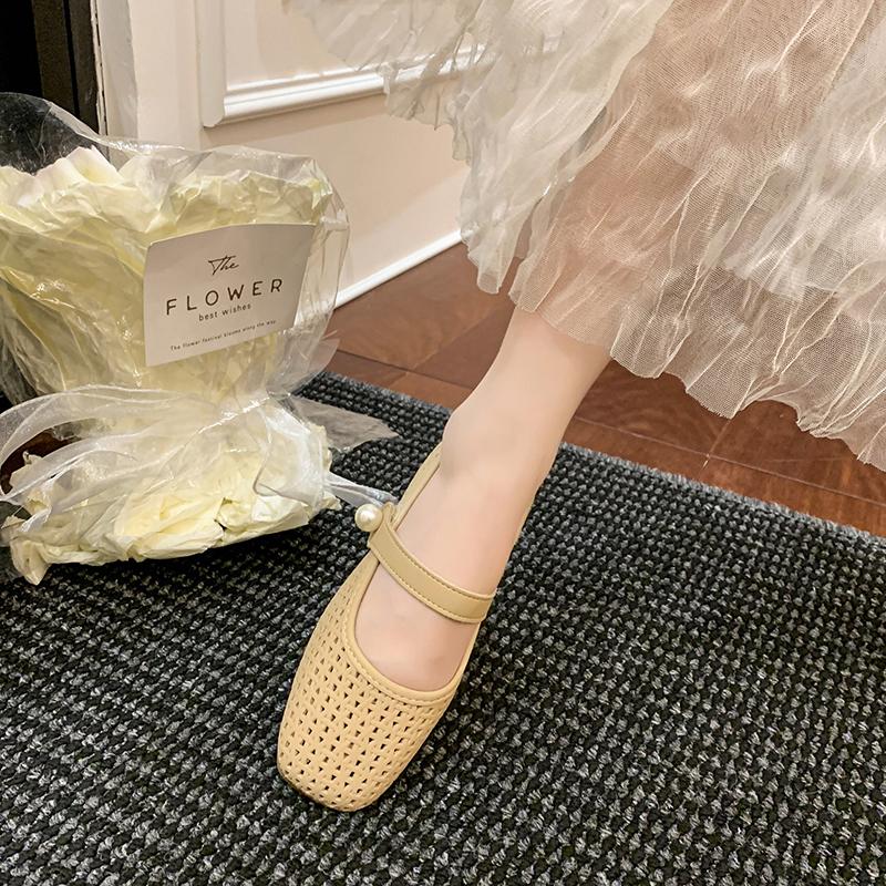 Fashion French Mary Jane Single Shoes Women's Hollow Mesh Woven Block Heel Summer 2025 New Style with Skirt Grandma Shoes