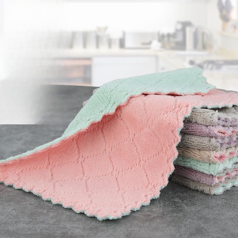 Coral Fleece Kitchen Cleaning Cloth Absorbent Dish Washing Cloth Double-sided Thickened Household Table Cleaning Scouring Pad