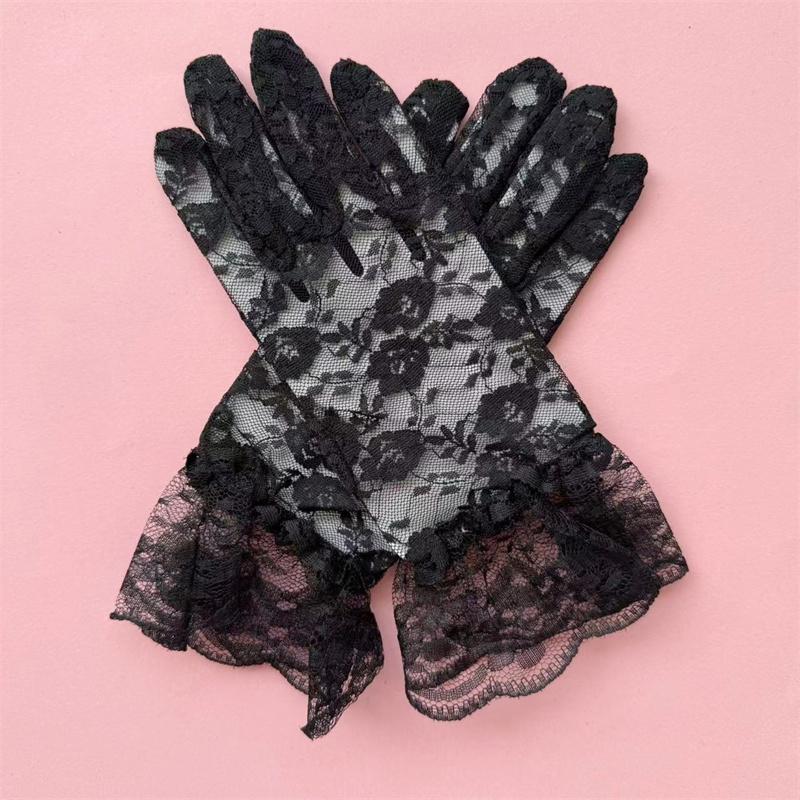 Gants en Dentelle Noirs et Blancs pour Accessoires de Costume d'Halloween Femme Gants Fins en Maille Florale à Volants Mitaines en Dentelle à Doigts Entiers