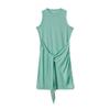 Women Sleeveless Round Neck Dress Pleated Bow Belt Irregular Hem Minimalist Elegant Chic Wear