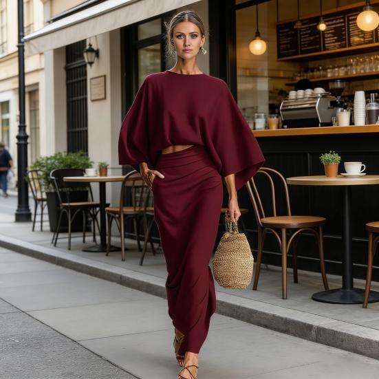 Summer 2 Piece Skirt Sets for Women Batwing Long Sleeve Top