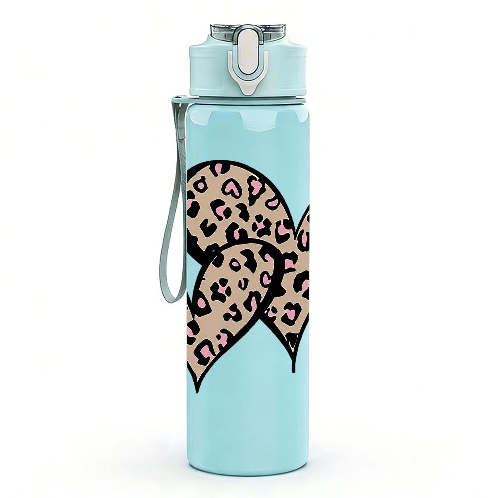 1PC Double Leopard Print Heart 750ml Color Plastic Sports Water Bottle Leakproof Flip Straw Lid Suitable for Sports Office Home Use