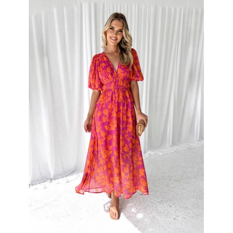 Spring/Summer 2026 Printed V-neck Waist-cinching Bohemian Puff Sleeve Beach Dress Large