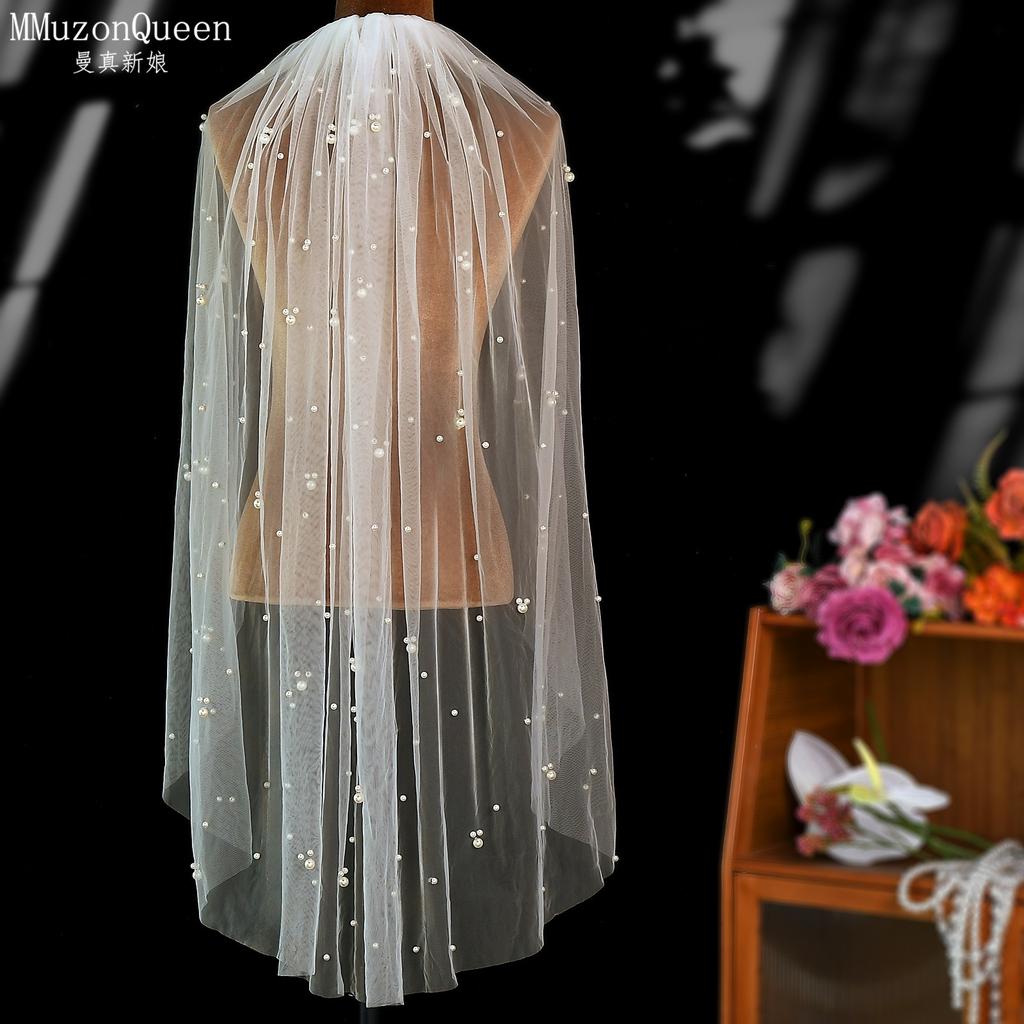 Einstufiger Tüll-Brautschleier mit Perlenbesatz und Metallkamm, 100 cm/200 cm lang, Weißer Hochzeitschleier für Braut, Elopement, Hochzeitsporträt, Fotoshooting