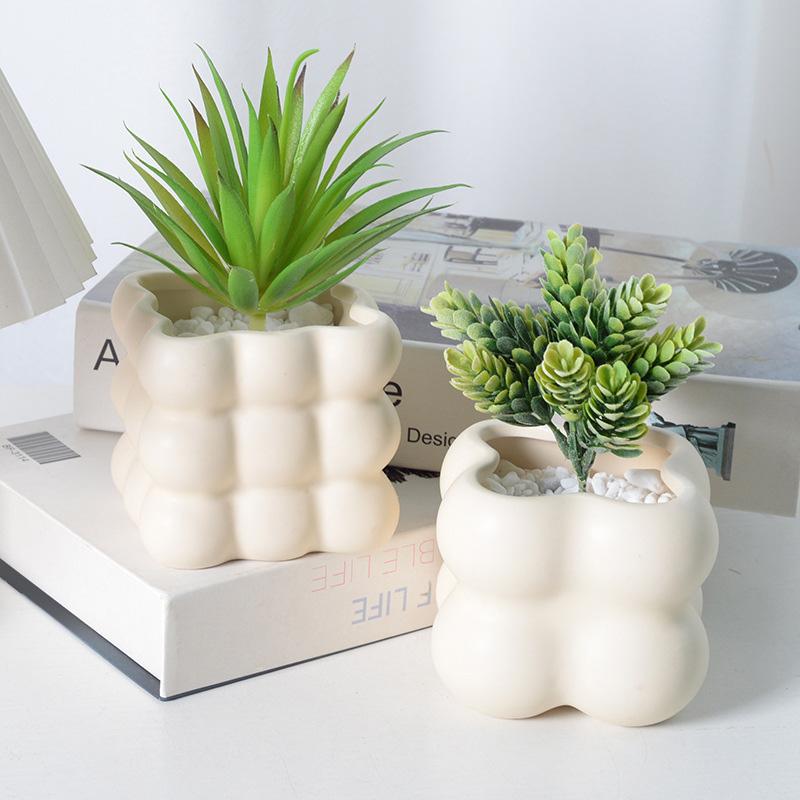 Ceramic Small Flowerpot Cream Colored Succulent Plant Pot Desktop Green Plant Potted Decoration Ins Style Home Ornament Decor