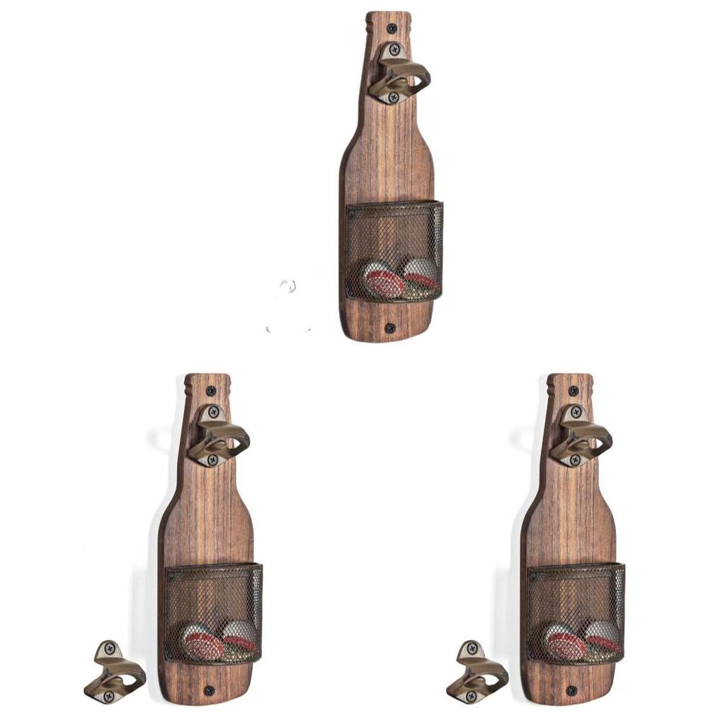 Wooden Wall Mounted Beer Opener With Cap Catcher For Bar Kitchen Decor