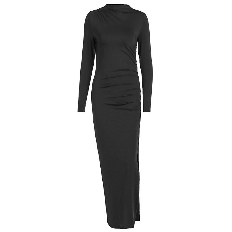 Sexy Mock Neck Side Split Long Dresses Women Slim Elegant Long Sleeved Package Hip Dress Spring Solid Evening Party Robes