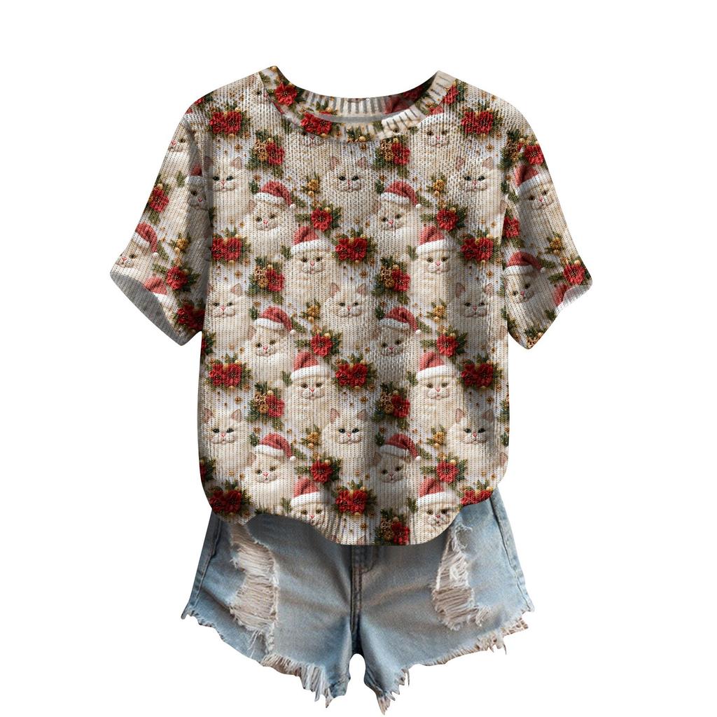 Women's Cute Sweater Knitted Fashion Casual Round-neck Short-sleeved  Cozy Print Top