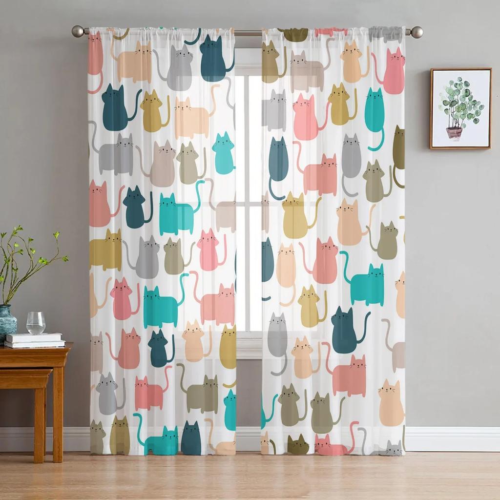 Black Cat Animal Pure White Fine Netting Transparent Drapes Perfect for Living Room Decoration Window Panel Curtain for Bedroom Cooking Area Voile
