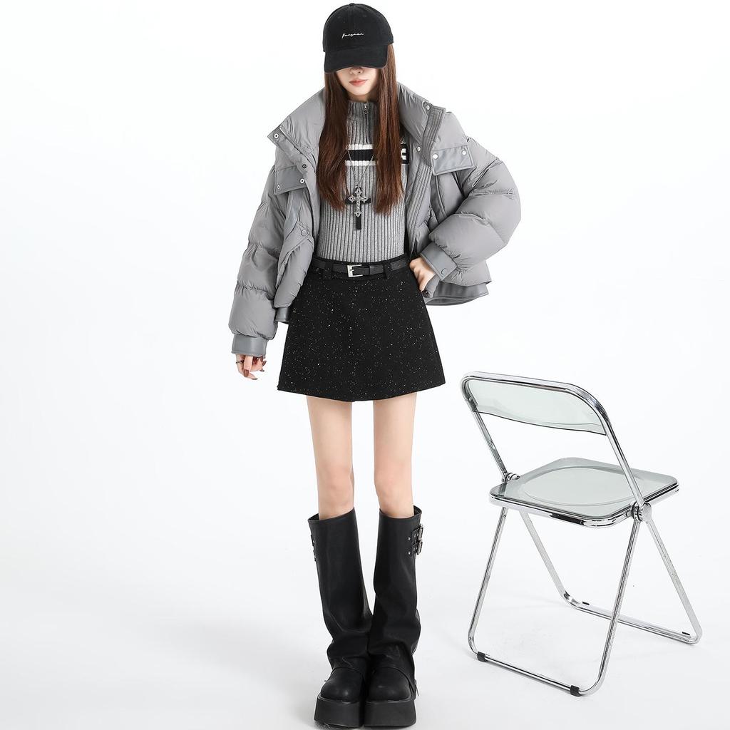 Women's High-Waist Sequin Wool-Blend A-Line Skort: Autumn/Winter 2025 Slimming Side-Slit Hip-Hugging Fashion