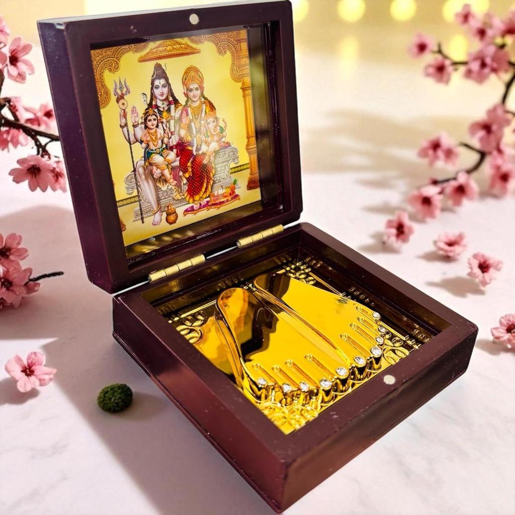 Shiv Ji Pocket Temple Charna Paduka Shiv Parivar | Gold Plated Box God Idol Bhagwan | Shivratri & Savan Gift Item | Om Namah Shivay |