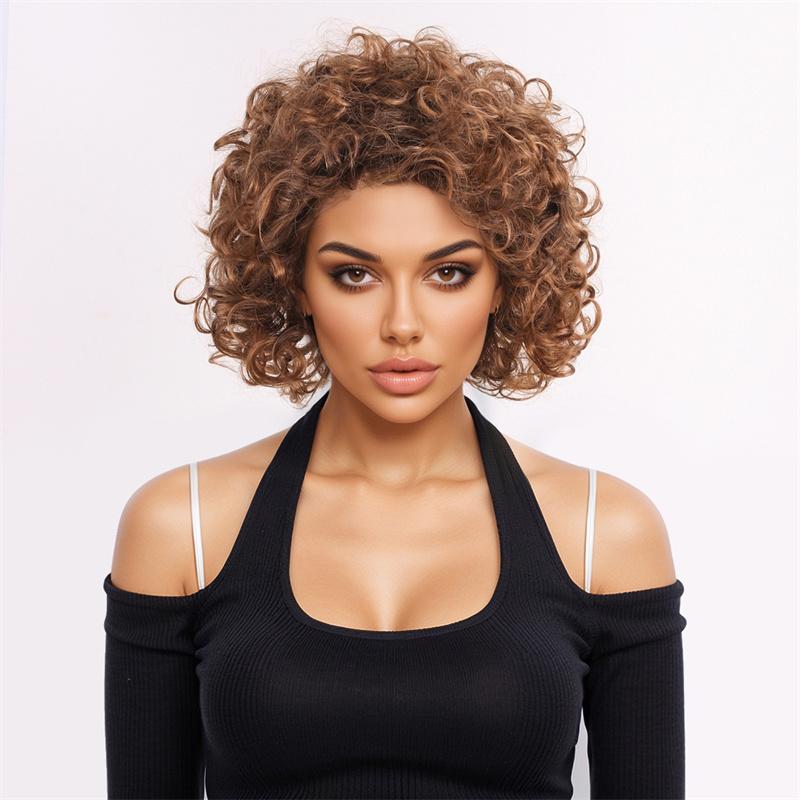 Synthetic Brown Curly Wig for Women Short Cur Bob Wig with Bangs Natural Daily Cosplay Halloween Heat Resistant Fiber Brown Wigs
