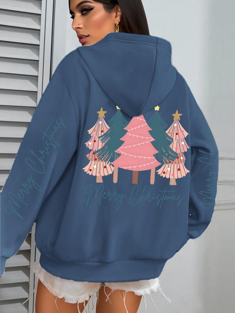 Merry Christmas Beautiful Trees Printing Women Hoodies Loose Fleece Hoody All-Match Y2K Pocket Clothing Autumn Casual Streetwear