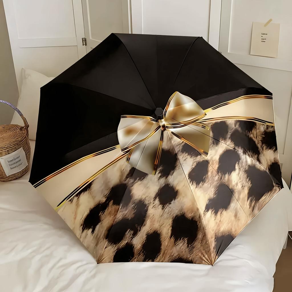 Leopard Print Gold-Rimmed Design Folding Umbrella, Luxurious Style, 8-Rib Durable Frame, Portable Travel Umbrella, Suitable for Commuting, B