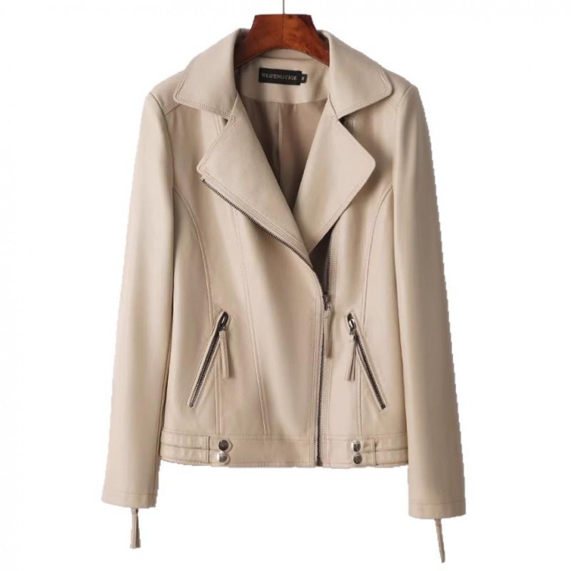 Womens Slim Fit Short Sheepskin Leather Jacket With Notched Collar Motorcycle Style Fall 2026