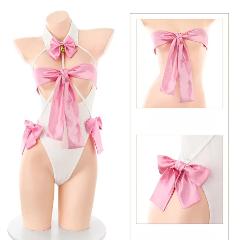 Sexy Lingerie Cat Girl Three-Point Uniform Roleplay Charming Perspective Jumpsuit Passion Cosplay Devil Hollow Bodysuit with Headwear Stockings