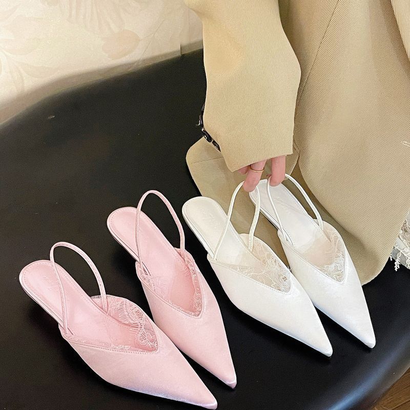 

Bottom fairy wind pink lace lace pointed toe heel back strap fashion single shoes women with skirt bag head sandals 40
