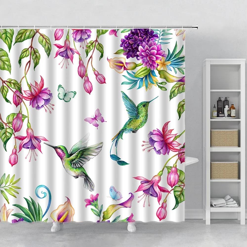 Plant Leaves Flower Bath Curtains Set Garden Floral Drum Tower Fabric Bathroom Decor Splash Resistant Partition Bath Curtains