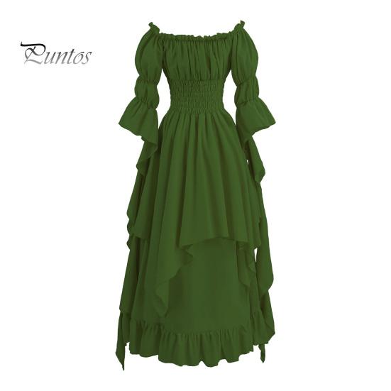 Halloween Dress Vintage Renaissance Medieval Victorian Pirate Dress Prom Ball Gown Off Shoulder Bell Sleeves Ruffle Pleated Irregular Hem Maxi Dress