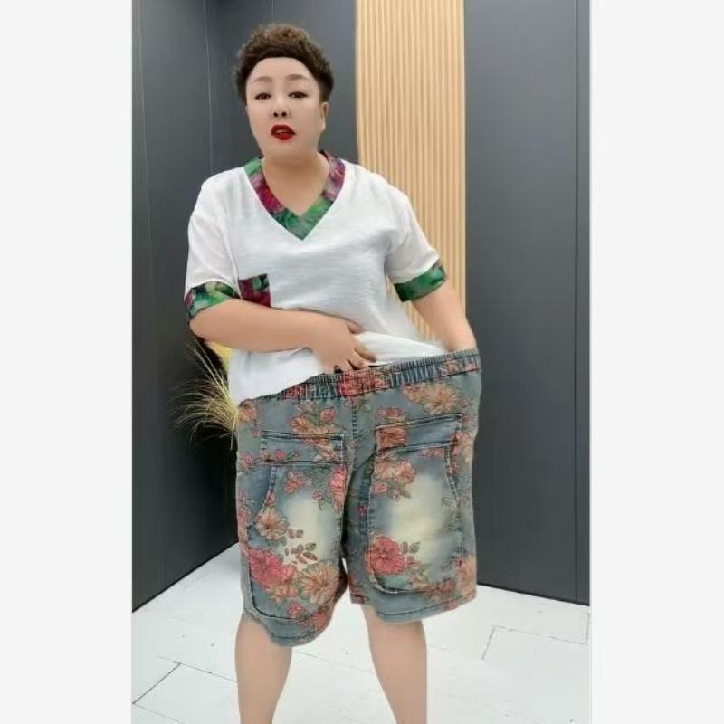 Women's Floral Print Denim Shorts with Belt Elastic Waist Casual Loose Fit Summer Shorts