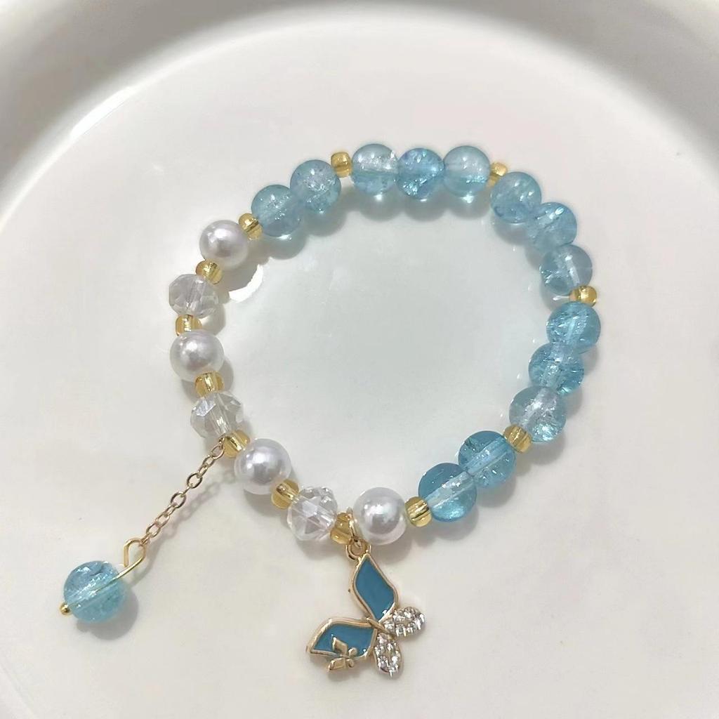 Forest Butterfly Glass Bracelet with Ice-Cracked Flower Beads