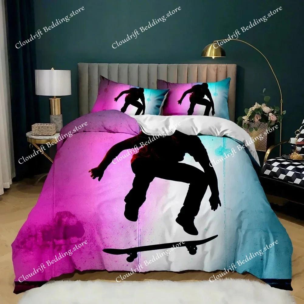 Skateboard Duvet Cover Set Hip Hop Style Bedding Set Colorful Rainbow Tie-Dye Hippie Abstract Graffiti Art Polyester Qulit Cover