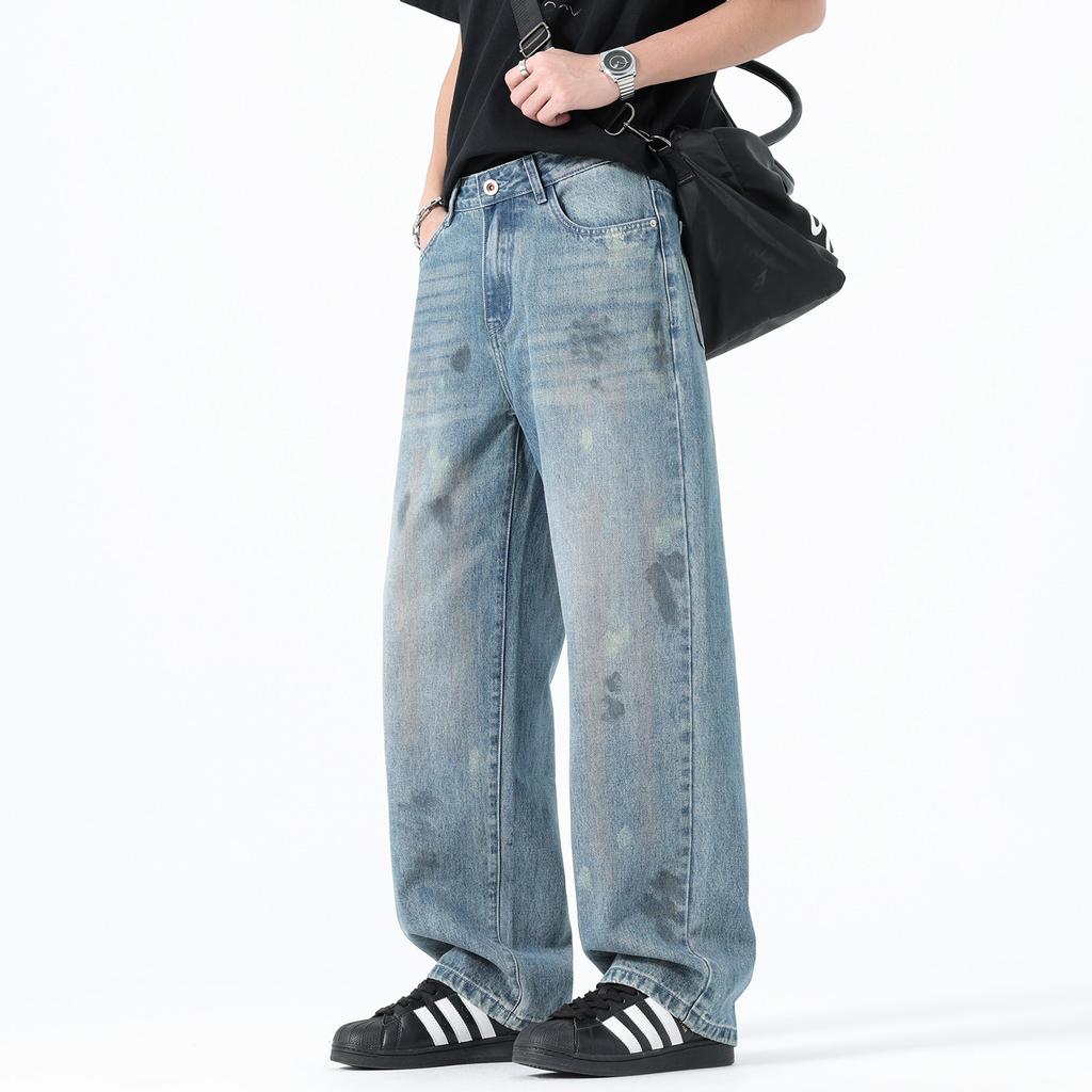 Men's ink-splashing wide-leg jeans summer thin new trendy brand old loose straight jeans