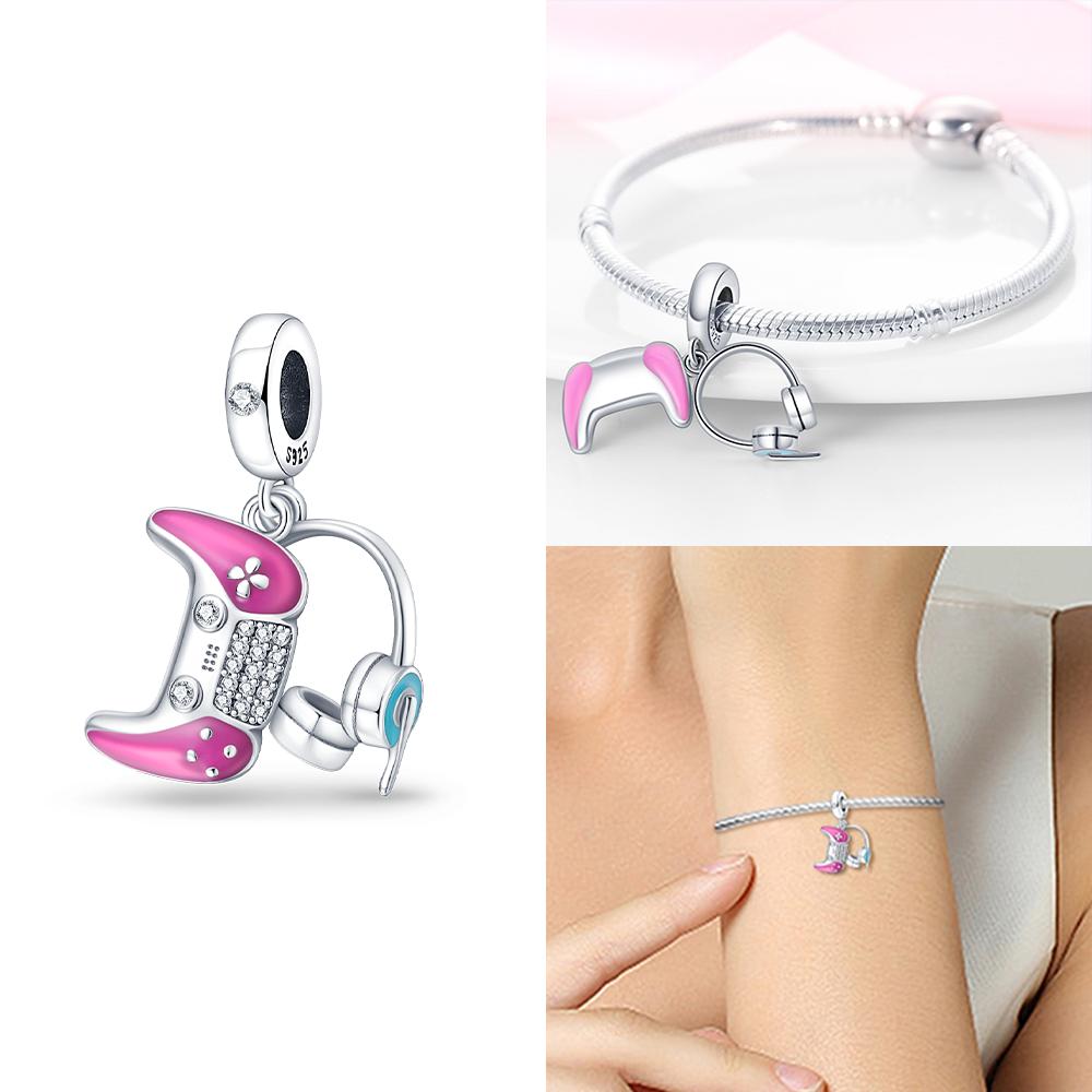 Original Pink Box Rocket Badminton Bike Beads Charms Fit Bracelet Copper Women Jewelry Necklace Diy Gift
