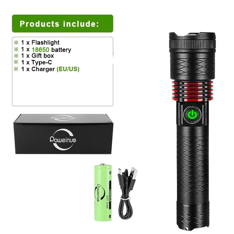 High Power 10000mAh  LED Flashlights Type-C Rechargeable LED Torch  5000M Ultra Powerful Flashlight Outdoor