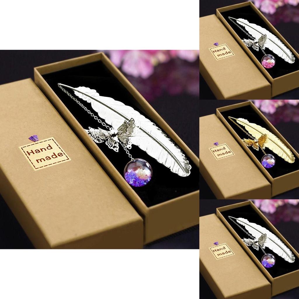 Vintage Metal Butterfly Feather Bookmark With Realistic 3d Pendant