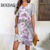 Summer Purple Flower Dress Women's 3D Printing Short-sleeved Loose Dress Casual O-neck Pullover Women's A-line Mini Dress