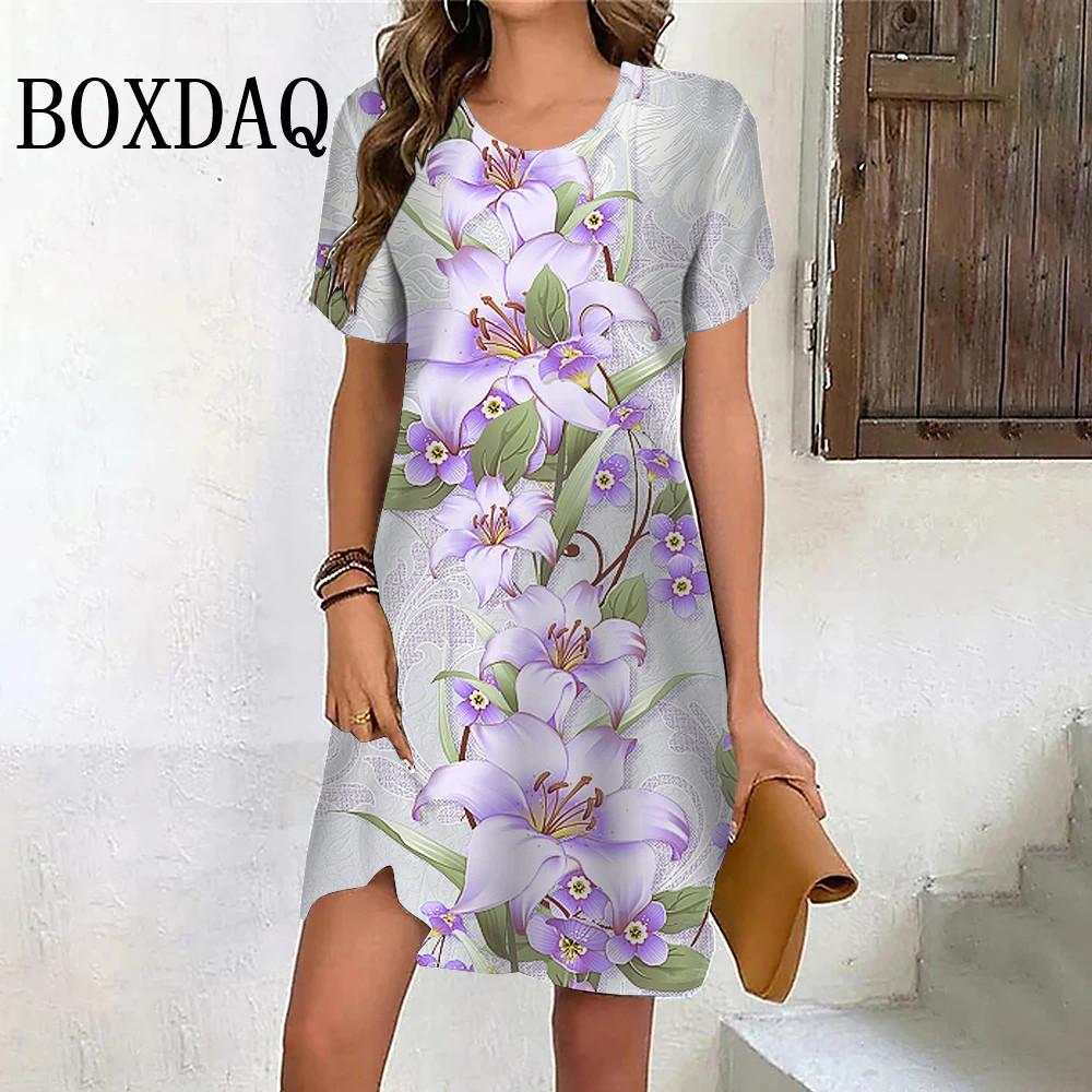 

Summer Purple Flower Dress Women s 3D Printing Short-sleeved Loose Dress Casual O-neck Pullover Women s A-line Mini Dress S