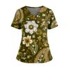 Ladies' Fashionable Floral Print V-neck Double Pocket Short Sleeved Shirt With Slit Hem And Protective Worker's Top