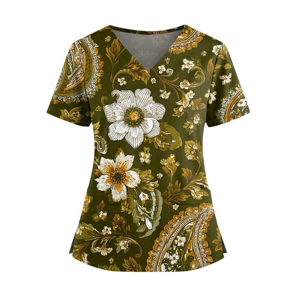 Ladies' Fashionable Floral Print V-neck Double Pocket Short Sleeved Shirt With Slit Hem And Protective Worker's Top