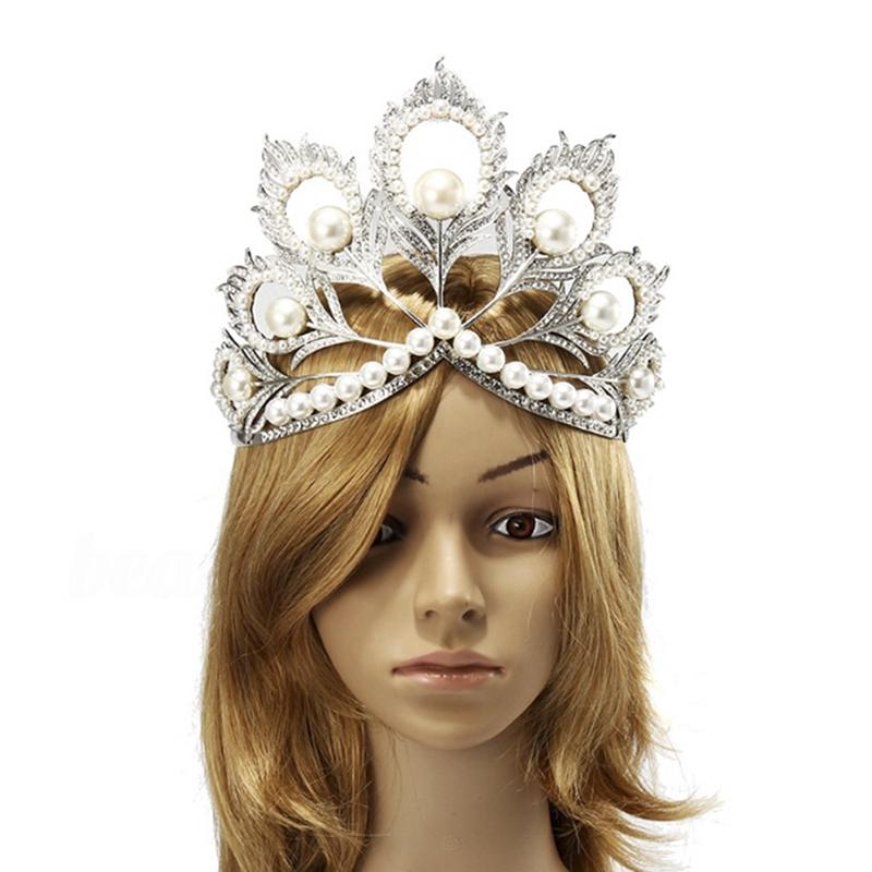 Tiara de Mireasă Perlată Handmade Coroană Mare de Păr Diademă pentru Petrecere/Concurs