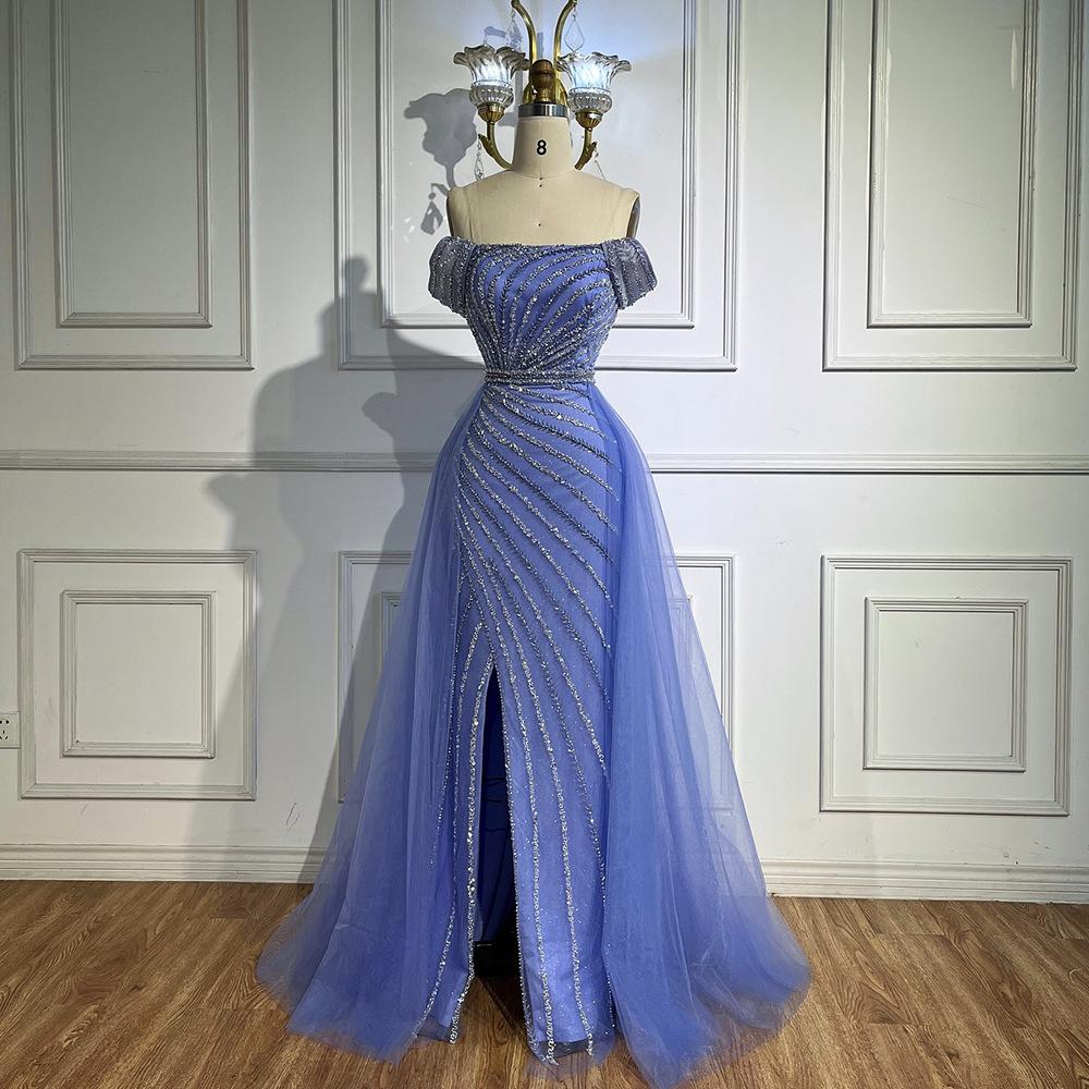 High-end sexy one-word shoulder split harpoon tail light luxury temperament socialite banquet host dress LA11818