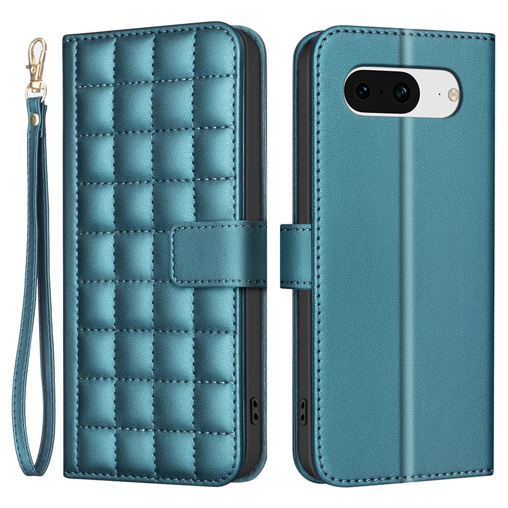 

For Google Pixel 8 Case Square Grid PU Leather Folio Flip Cover Green