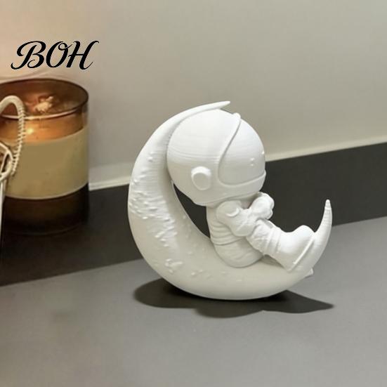3D Printed Astronaut Figurine Moon Figurine, Sitting on Crescent Spaceman Desk Ornament Statue, Desktop Decoration for Home Office Bookshelf