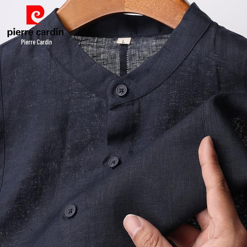 Pierre Cardin Men's 100% Linen Chinese Style Stand-Collar Short-Sleeve Shirt